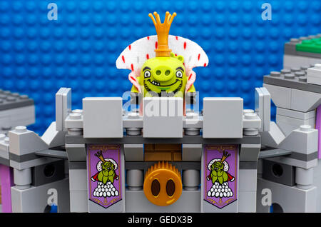 Tambov, Russian Federation - July 20, 2016 Lego Angry Birds. King Pig standing on King Pig’s Castle balcony. Studio shot. Stock Photo