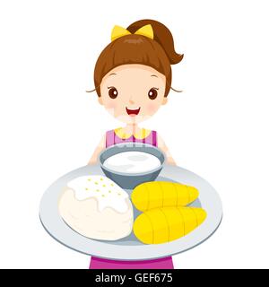 Girl Showing Mango With Sticky Rice, On Dish, Tropical Fruits, Healthy Eating, Food, Juice Stock Vector