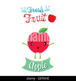 Cute Cartoon Of Apple Fruit, Banner, Logo, Tropical Fruits, Characters Design, Summer, Healthy Eating, Food, Juice Stock Vector