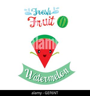 Cute Cartoon Of Watermelon Fruit, Banner, Logo, Tropical Fruits, Characters Design, Summer, Healthy Eating, Food, Juice Stock Vector