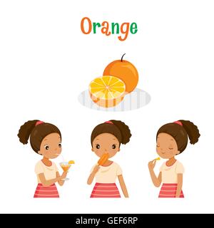 Girl With Orange Fruit, Juice, Ice Cream And Letters, Tropical Fruits, Summer, Healthy Eating, Food Stock Vector