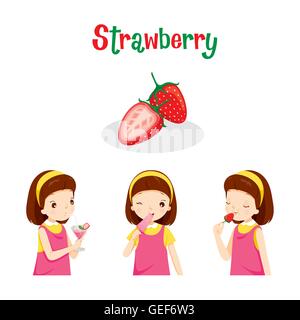 Girl With Strawberry Fruit, Juice, Ice Cream And Letters, Tropical Fruits, Summer, Healthy Eating, Food Stock Vector