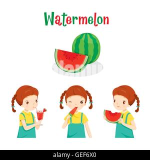 Girl With Watermelon Fruit, Juice, Ice Cream And Letters, Tropical Fruits, Summer, Healthy Eating, Food Stock Vector