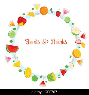 Fruits And Drinks On Circle Frame, Summer, Tropical Fruits, Healthy Eating, Food, Drink, Natural Stock Vector