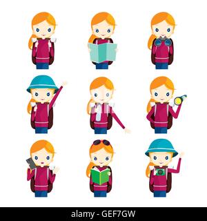 Girl traveling actions set, journey trips, adventure, transportation Stock Vector