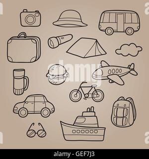 Travel outline icons set, journey trips, adventure, transportation Stock Vector