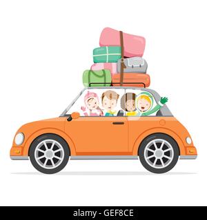 Boy And Girls Driving Car To Travel, Activity, Winter, Season, Vacation Stock Vector