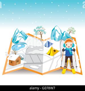 Boy Skiing On Map With Winter Landscape, Activity, Travel, Winter, Season, Vacation, holiday, Nature, Object Stock Vector