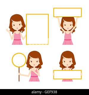 Girl in pink dress showing blank signs set, beauty, fashion, woman lifestyle, concept Stock Vector