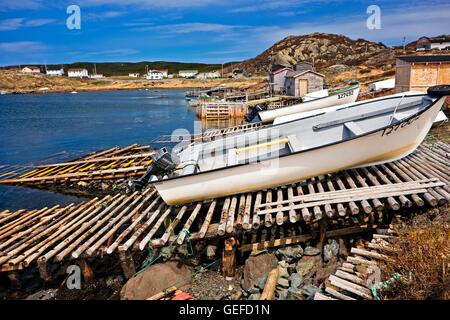 geography / travel, Canada, Newfoundland, St Lunaire-Griquet, Boats hauled out on wooden ramps in St Lunaire-Griquet Harbour, St Lunaire-Griquet, Viking Trail, Highway 436 enroute to L'Anse Stock Photo