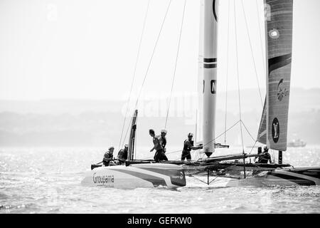 PORTSMOUTH, UK: July, 22, 2016 Team Groupama on Day 1 of the Louis Vuitton America's Cup World Series. Stock Photo