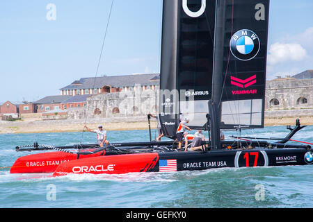 PORTSMOUTH, UK: July, 22, 2016 Team Oracle on Day 1 of the Louis Vuitton America's Cup World Series. Stock Photo