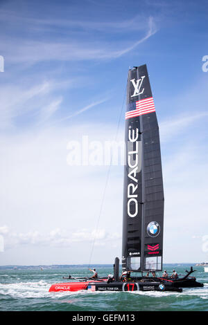 PORTSMOUTH, UK: July, 22, 2016 Team Oracle on Day 1 of the Louis Vuitton America's Cup World Series. Stock Photo