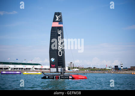 PORTSMOUTH, UK: July, 22, 2016 Team Oracle on Day 1 of the Louis Vuitton America's Cup World Series. Stock Photo