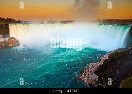 geography,travel, Canada, Ontario, Niagara Falls, Horseshoe Falls along Niagara River at dusk, Niagara Falls, Ontario, Stock Photo