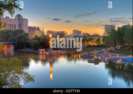 geography,travel, Canada, Manitoba, Winnipeg, Assiniboine River Marina and Market and Tower at Forks, Winnipeg, Manitoba, Stock Photo