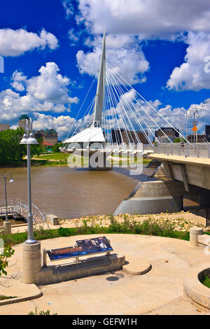 geography,travel,Canada,Manitoba,Winnipeg,Esplanade Riel Bridge,a pedestrian bridge spanning Red River in City Winnipeg, Stock Photo