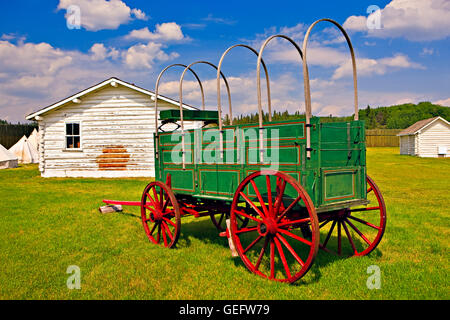 geography,travel,Canada,Saskatchewan,Wagon outside stables Fort Walsh National Historic Site,Cypress Hills Interprovincial Stock Photo