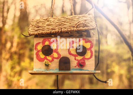 Wooden bird feeder house on branch at spring day Stock Photo