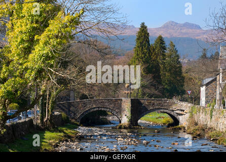 Bridge over the rivers Glaslyn and Colwyn at Beddgelert, Snowdonia, Wales, UK Stock Photo