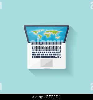 World map on the computer. Flat style. Navigation. Travel and tourism. Roupe planning. Vector illustration. Stock Vector