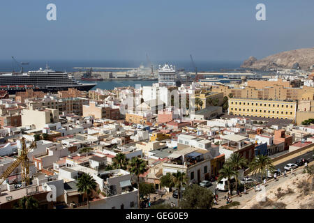 View above the port and city of Almeria from Monumental Emsemble La Alcazaba, Almeria, Spain Stock Photo