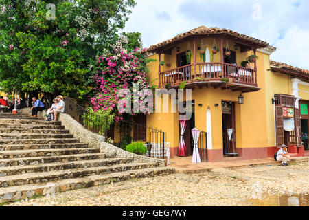 Restaurant and steps by Casa de la Musica, Plaza Mayor, Trinidad, Cuba Stock Photo