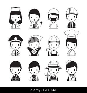 People Occupations Icons Set, Monochrome, Profession, Avatar, Worker, Job, Duty Stock Vector