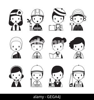 People Occupations Icons Set, Monochrome, Profession, Avatar, Worker, Job, Duty Stock Vector