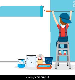 Painter On Ladder Front Of Wall, People Occupations, Profession, Worker, Job, Duty Stock Vector