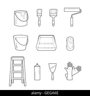 Painter Tools Objects Outline Icons Set, Equipment, Profession, Occupation, Worker, Job, Duty Stock Vector