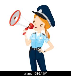 Policewoman With Megaphone Announcement, Events, Ad, Announcer, Voice, Profession, Patrol, Security, Duty Stock Vector