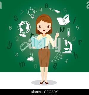 Woman Teacher With Educational Supplies Icons, Occupation, Profession, Back to school, Book, Children, School Supplies Stock Vector