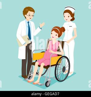 Doctor Talking With Pregnant On Wheelchair And Nurse, Physician, Hospital, Checkup, Patient, Healthy, Treatment, Personnel Stock Vector