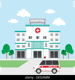Hospital Building And Ambulance, Architecture, Exterior, Medical, Vehicle, Healthy, Emergency Stock Vector