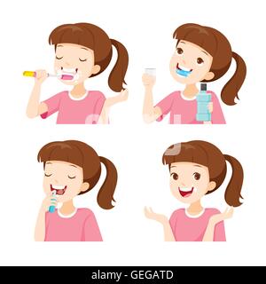Girl Cleaning Teeth Set, Medical, Dentistry, Hospital, Checkup, Patient, Hygiene, Healthy, Treatment Stock Vector