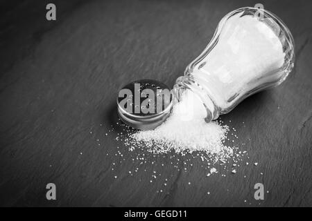 Salt shaker on slate board Stock Photo