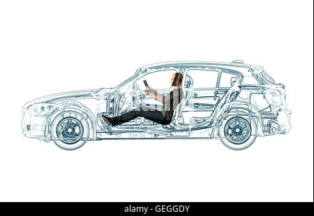 xray self driving  computer car with driver, 3d illustration Stock Photo