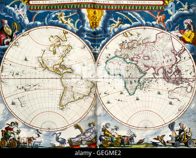 Nova et accuratissima totius terrarum orbis tabula.  A new and most accurate map of all the world's countries.  World map by Joan Blaeu (1596-1673) dating from the mid 17th century.  The east coast of Australia remains unexplored and California is portrayed as an island. Stock Photo