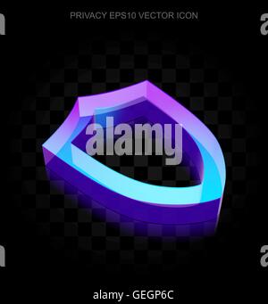 Privacy icon: 3d neon glowing Contoured Shield made of glass, EPS 10 vector. Stock Vector