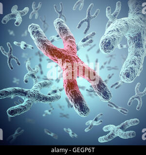 X chromosome, red in the center, the concept of infection, mutation, disease, with focus effect. 3d illustration Stock Photo