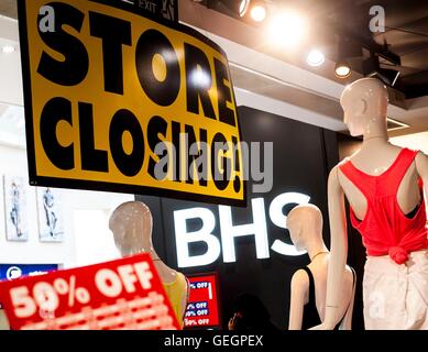 A British Home Stores shop in the intu Uxbridge Shopping Centre displays closing down signs, as the BHS brand will disappear from British high streets on 20 August with the closure of the stricken chain's final stores. Stock Photo