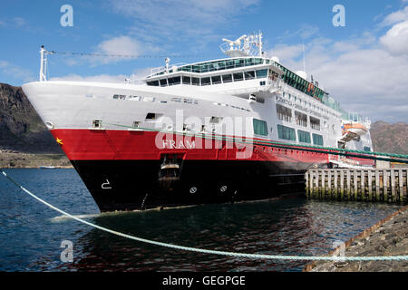 Hurtigruten MS Fram explorer cruise ship docked on quayside in port of Sisimiut (Holsteinsborg), Qeqqata, West Greenland Stock Photo