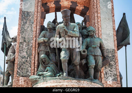 The Republic Monument on Taksim square, closeup fragment with Ataturk statue. Complete in August 8, 1928 Stock Photo