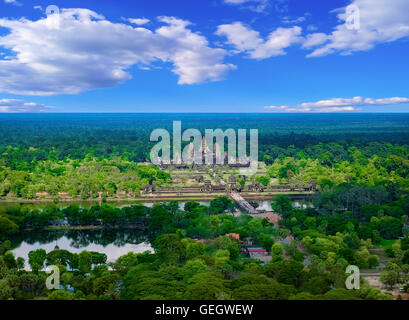 Aerial view of Angkor Wat Temple, Siem Reap, Cambodia, Southeast Asia. UNESCO World Heritage Site. Stock Photo