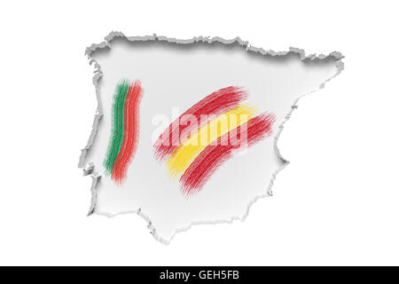 3d rendering illustration of spanish and Portugal flags on white contour of mainland Stock Photo
