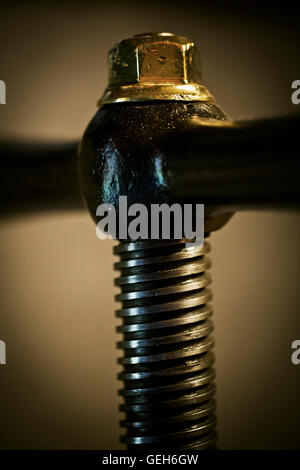 The wooden handle and thread of a screw press. Stock Photo