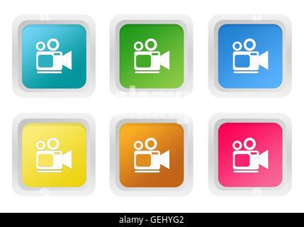 Set of squared colorful buttons with camcorder symbol in blue, green, yellow, pink and orange colors Stock Photo