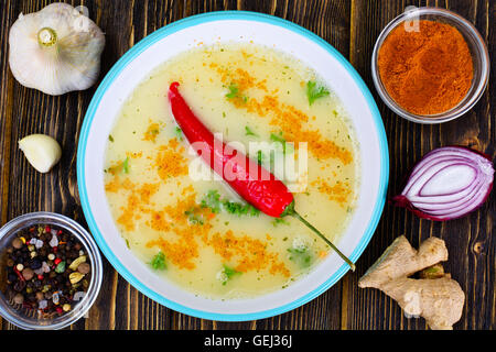Cream Soup with Curry Sauce, Hot Pepper Red Stock Photo