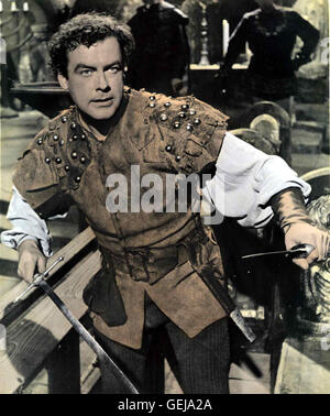 Richard Greene   Der tapfere Robin Hood (Richard Greene) schleicht sich unerkannt in die Bande des Sheriffs von Nottingham ein. *** Local Caption *** 1960, Sword Of Sherwood Forest, Das Schwert Des Robin Hood Stock Photo